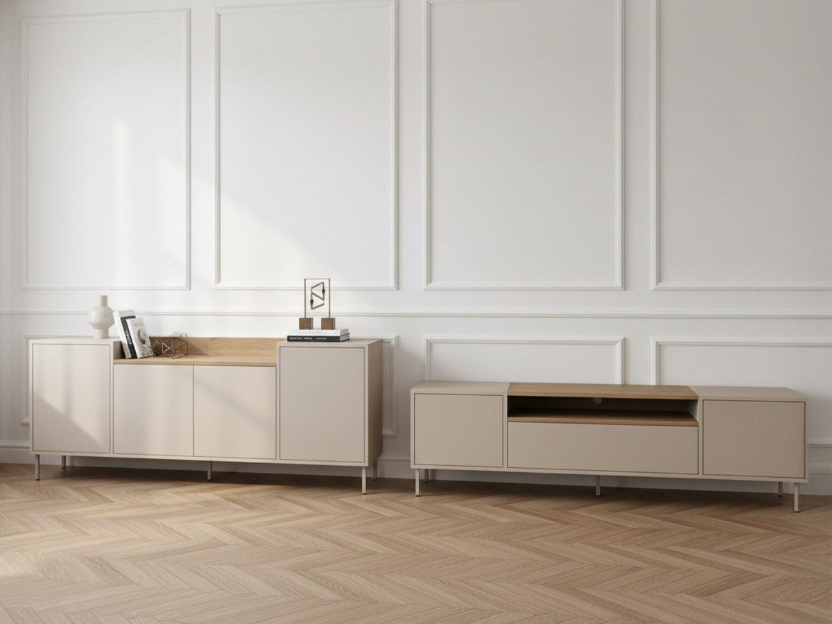 Set LINO buffet 200 cm + TV-meubel 180 cm eiken effect blad en metalen poten