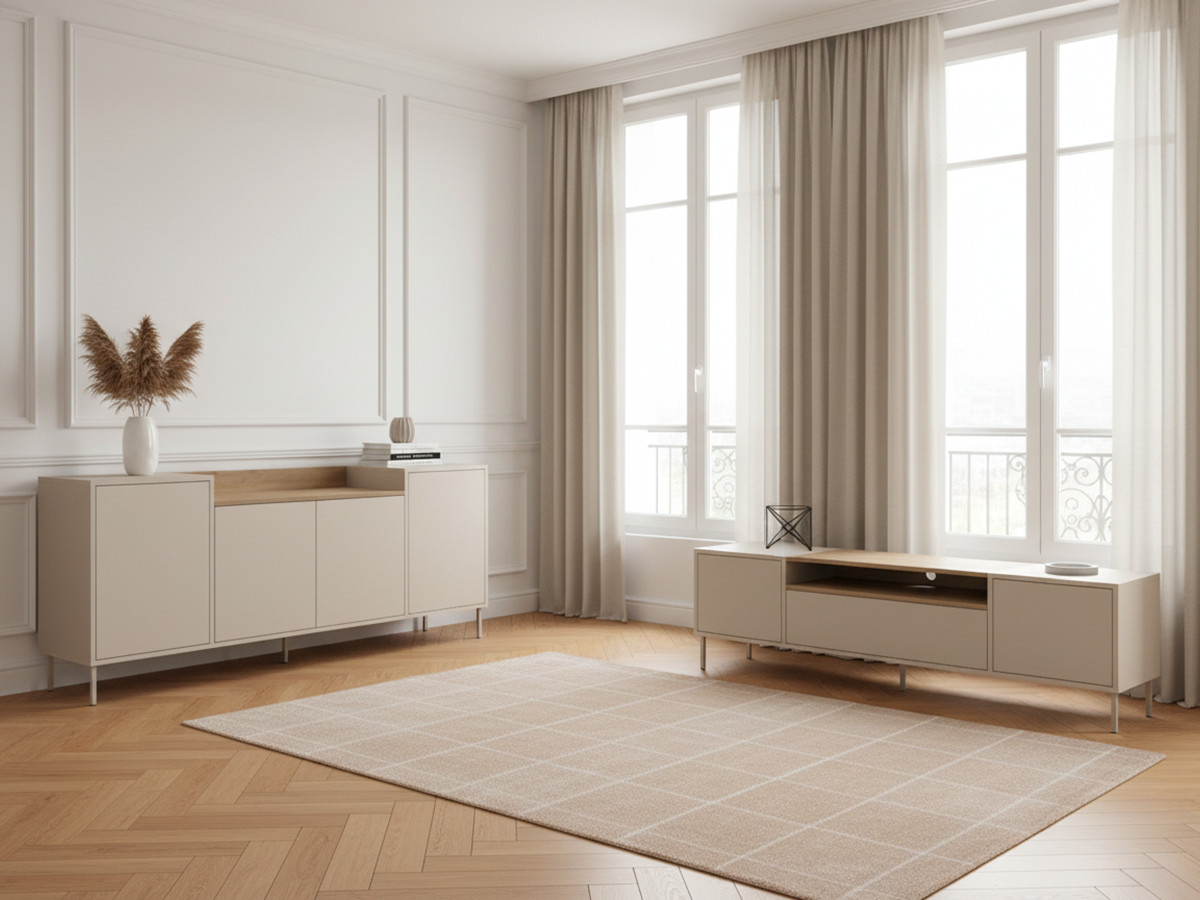 Buffet 4 portes 200 cm LINO plateau effet chêne et pieds métal