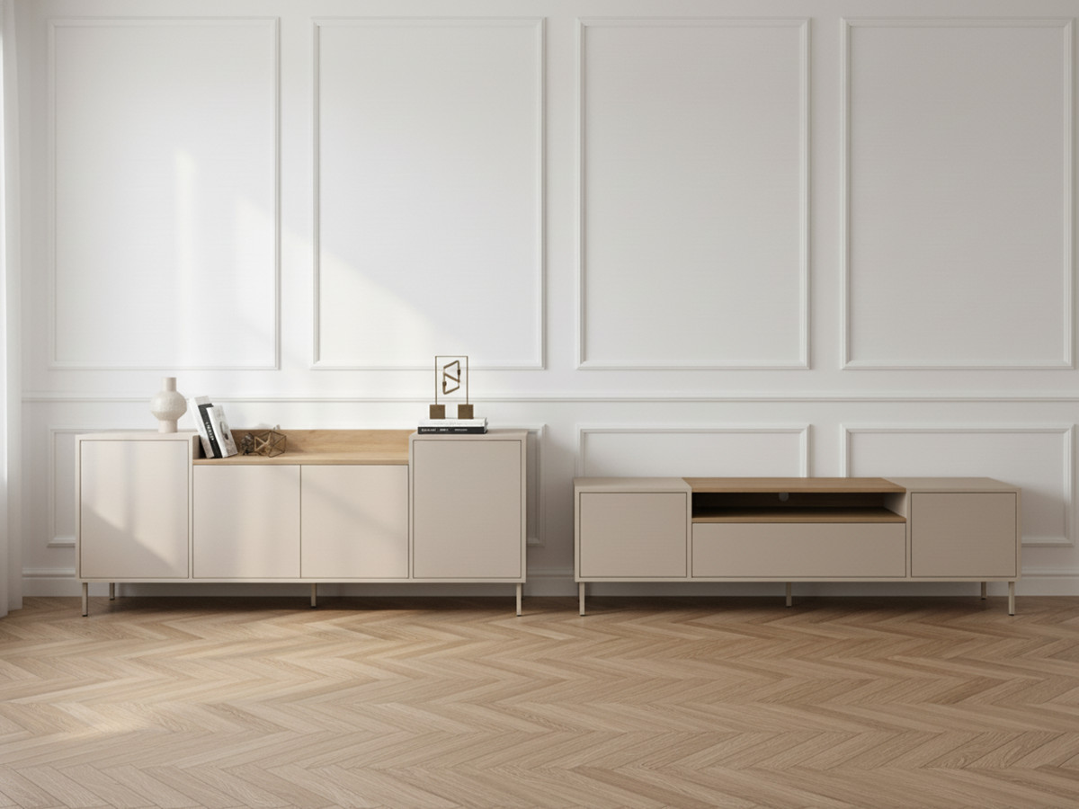 Set LINO buffet 200 cm + TV-meubel 180 cm eiken effect blad en metalen poten