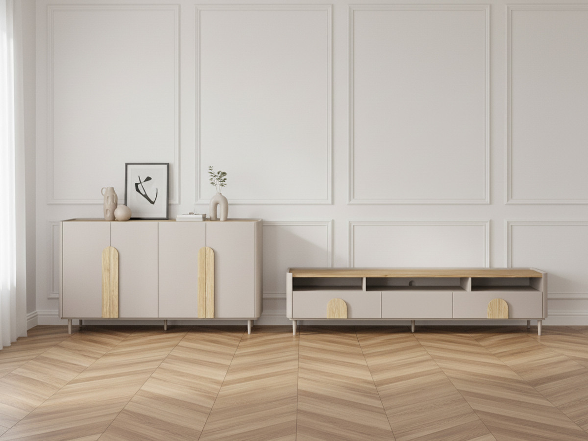 Ensemble ENYRA avec buffet 200 cm + meuble TV 2 tiroirs 200 cm pieds en bois massif beige — vue 4