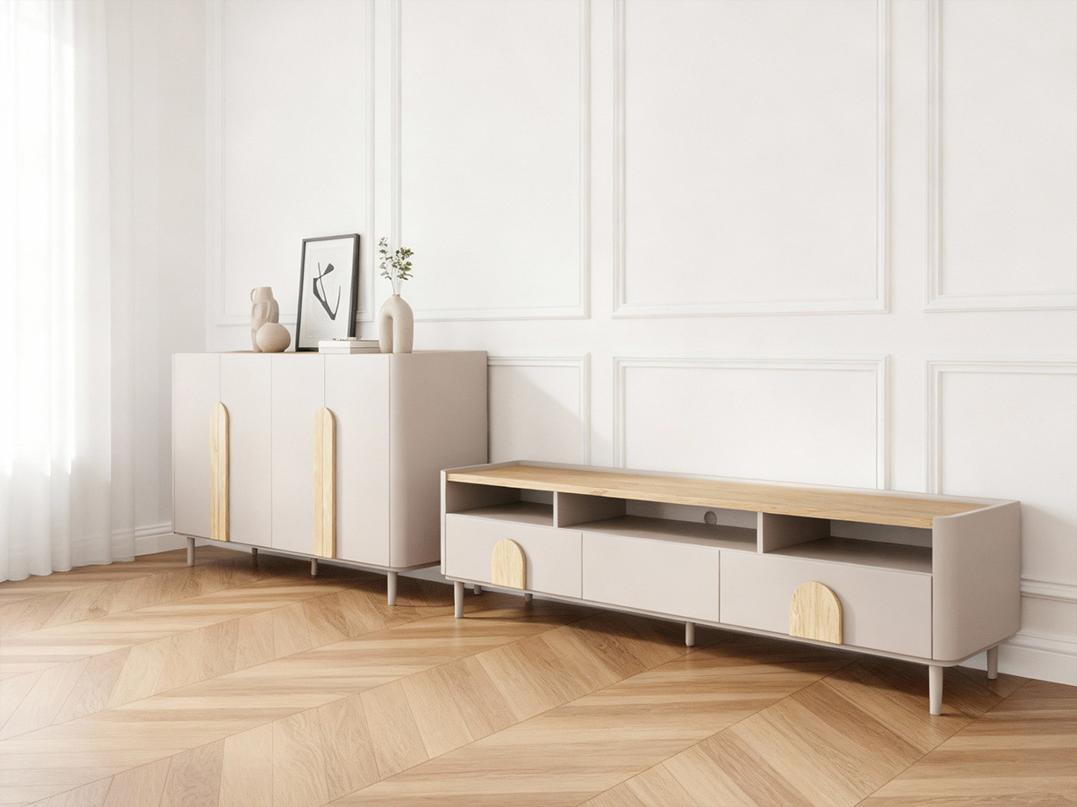 Ensemble ENYRA avec buffet 200 cm + meuble TV 2 tiroirs 200 cm pieds en bois massif beige — vue 5