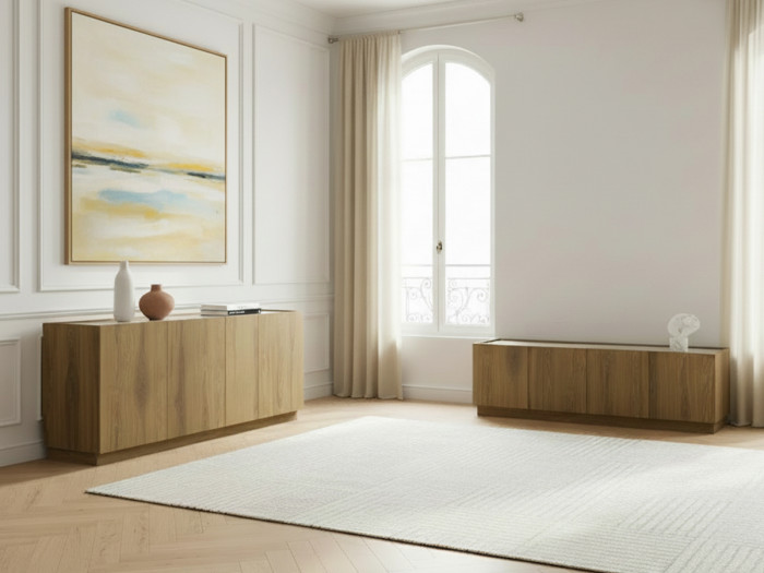 Ensemble MARION avec buffet 180 cm + meuble TV 160 cm effet chêne et travertin