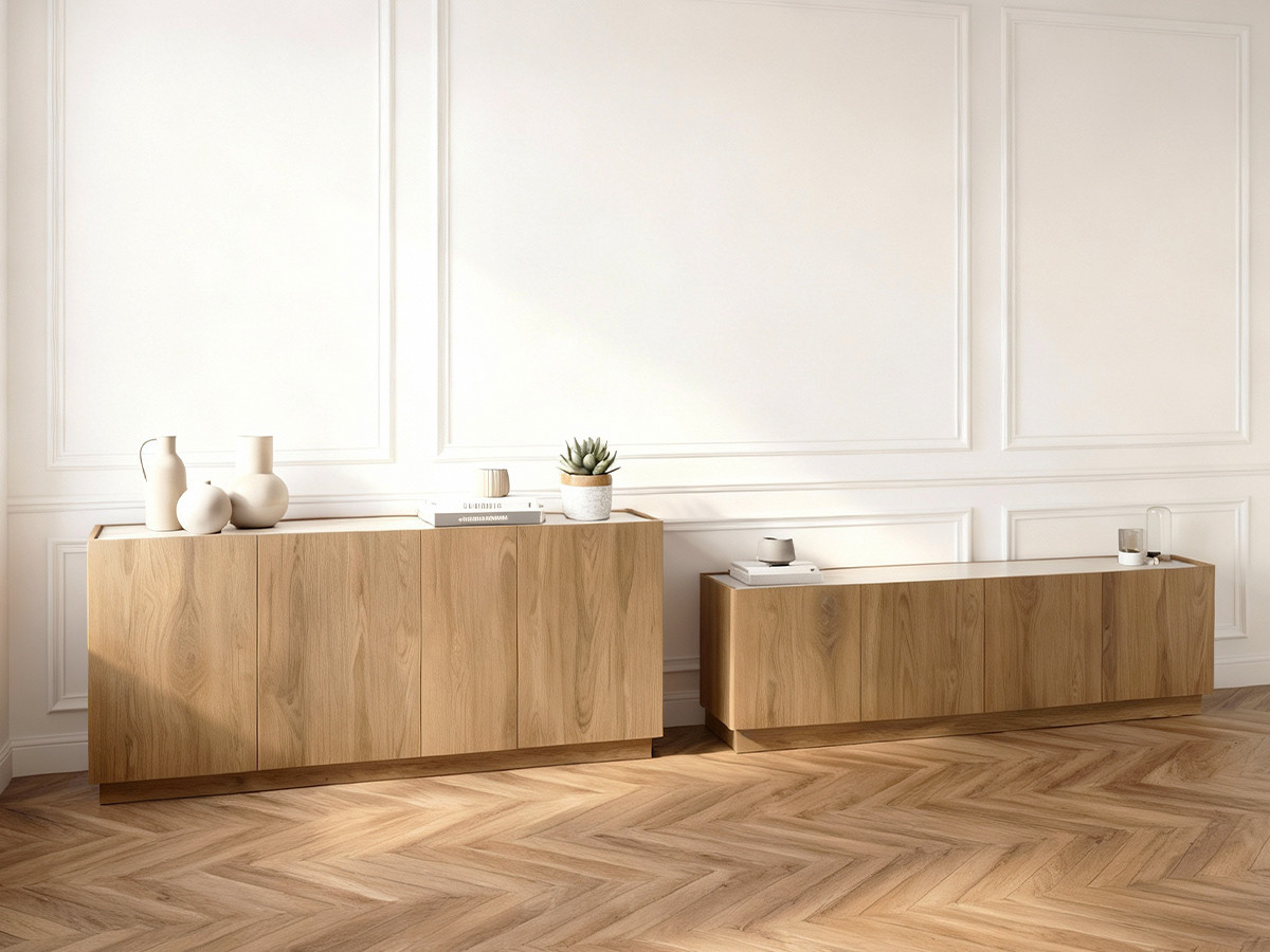 MARION set met dressoir 180 cm + tv-meubel 160 cm in eiken- en travertijnlook