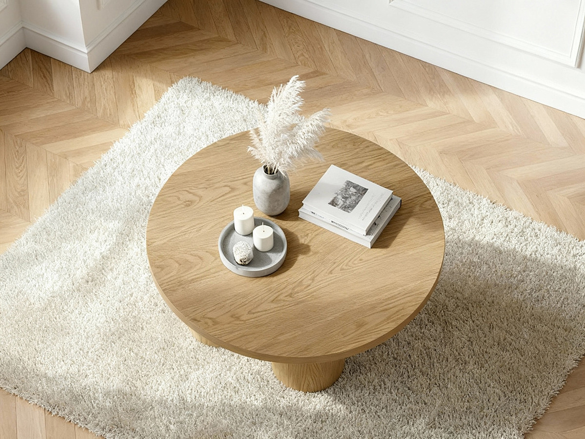 Ronde salontafel AMANZA, 100 cm diameter, massief eikenfineer.