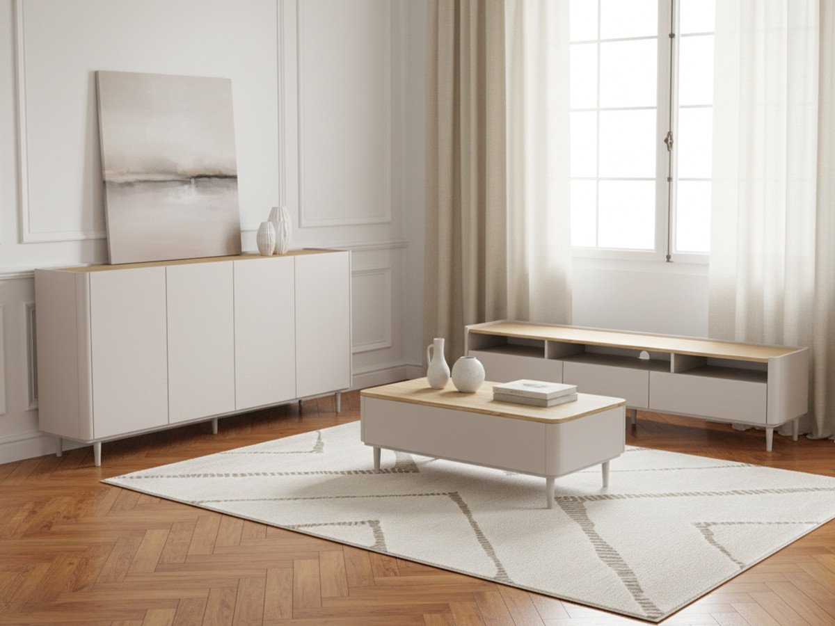 Ensemble ANYRA avec buffet 200 cm + meuble TV 200 cm + table basse avec tiroirs pieds en bois massif