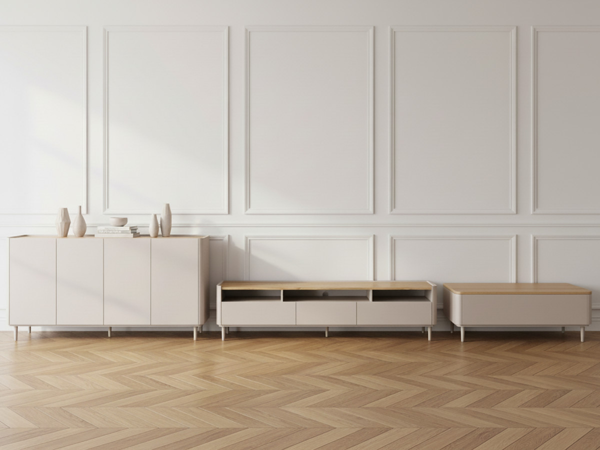 Ensemble ANYRA avec buffet 200 cm + meuble TV 200 cm + table basse avec tiroirs pieds en bois massif
