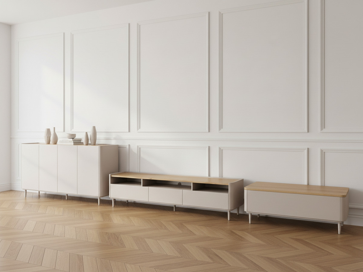 Ensemble ANYRA avec buffet 200 cm + meuble TV 200 cm + table basse avec tiroirs pieds en bois massif