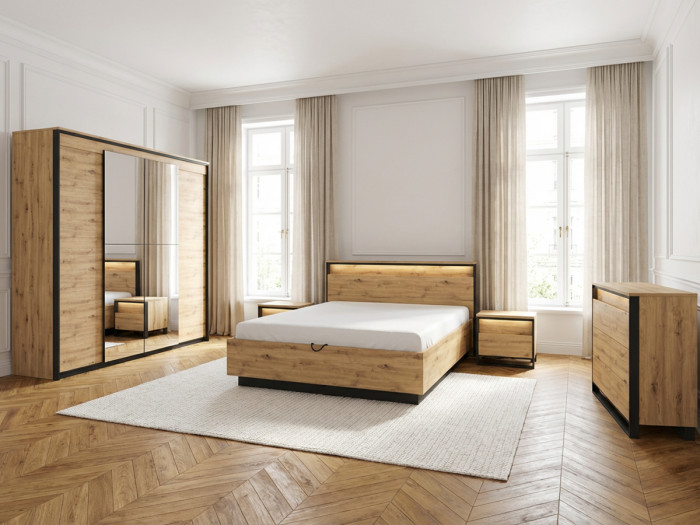 Ensemble KYRIA avec Lit coffre + Commode + Armoire + 2 chevets