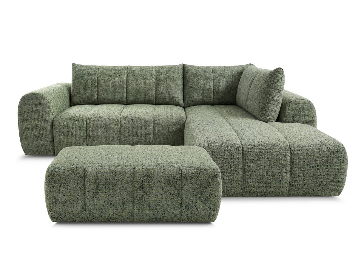 nesty vaste l-vormige hoekbank in gemêleerde stof met voetenbank gekleurd lichtgroen