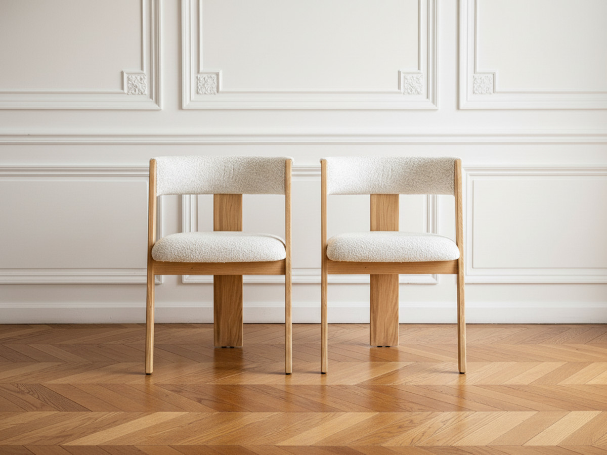 Set van 2 BORELY stoelen met massief eikenfineer en bouclé stof