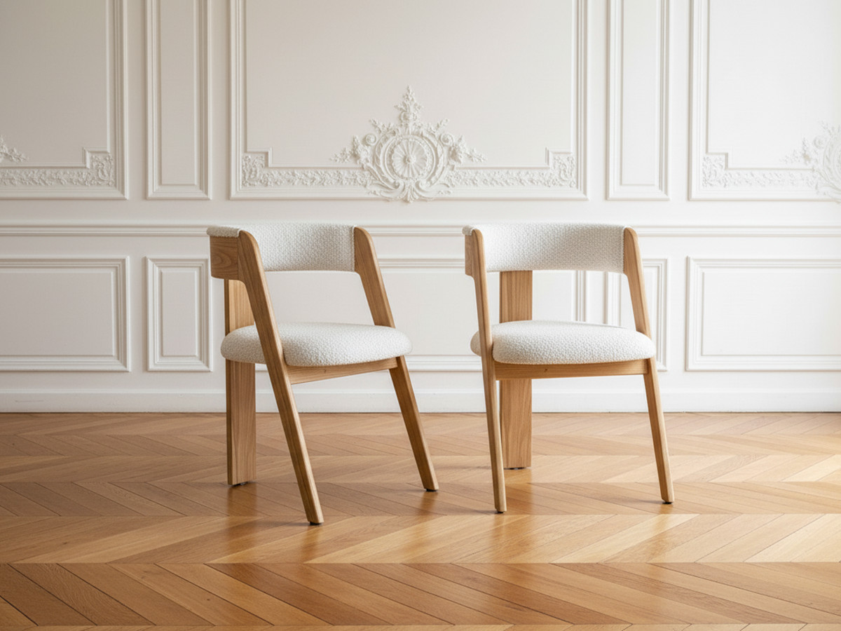 Set van 2 BORELY stoelen met massief eikenfineer en bouclé stof