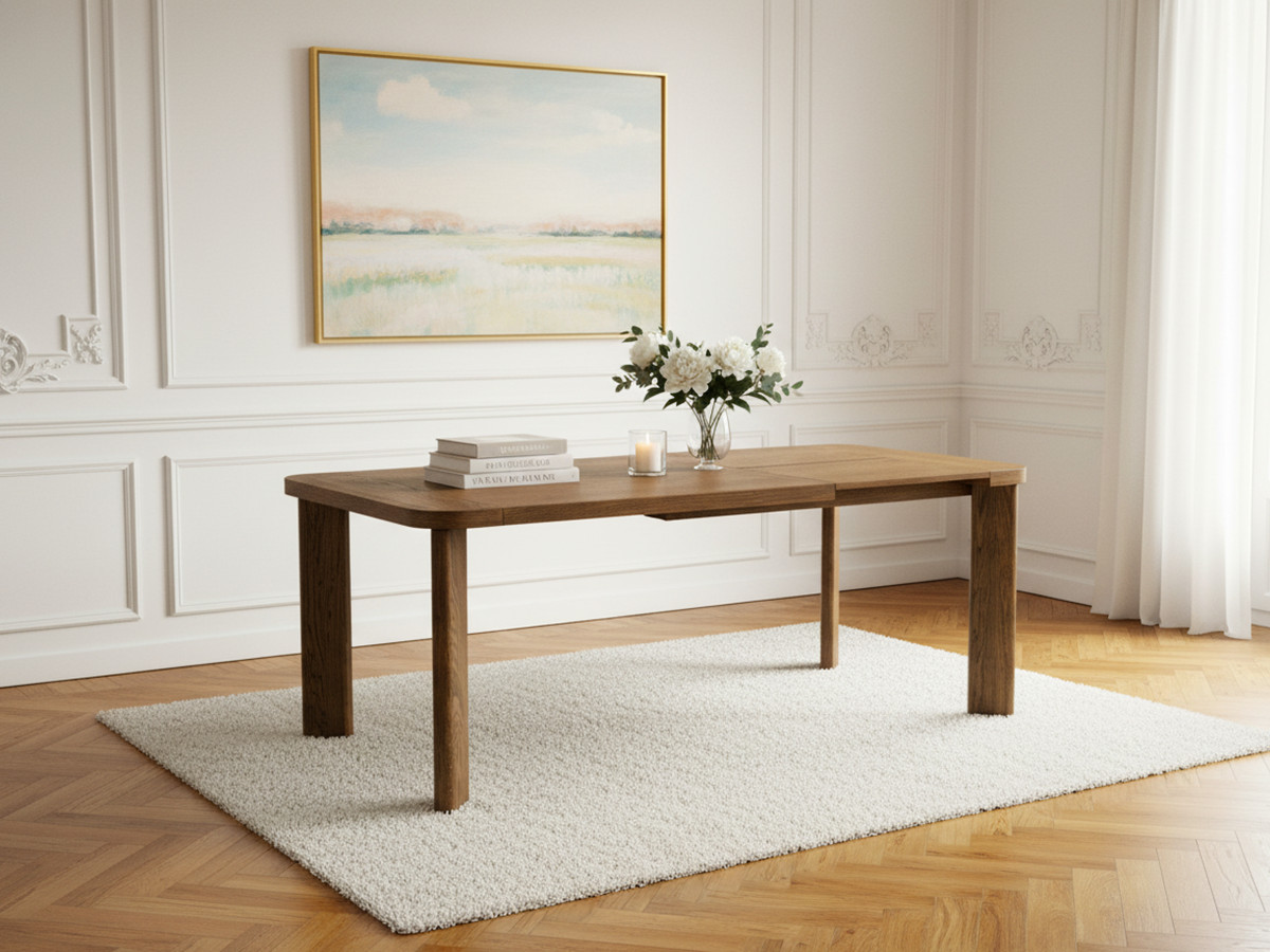 table à manger extensible 150 à 210 cm luminy placage chêne massif de couleur marron foncé