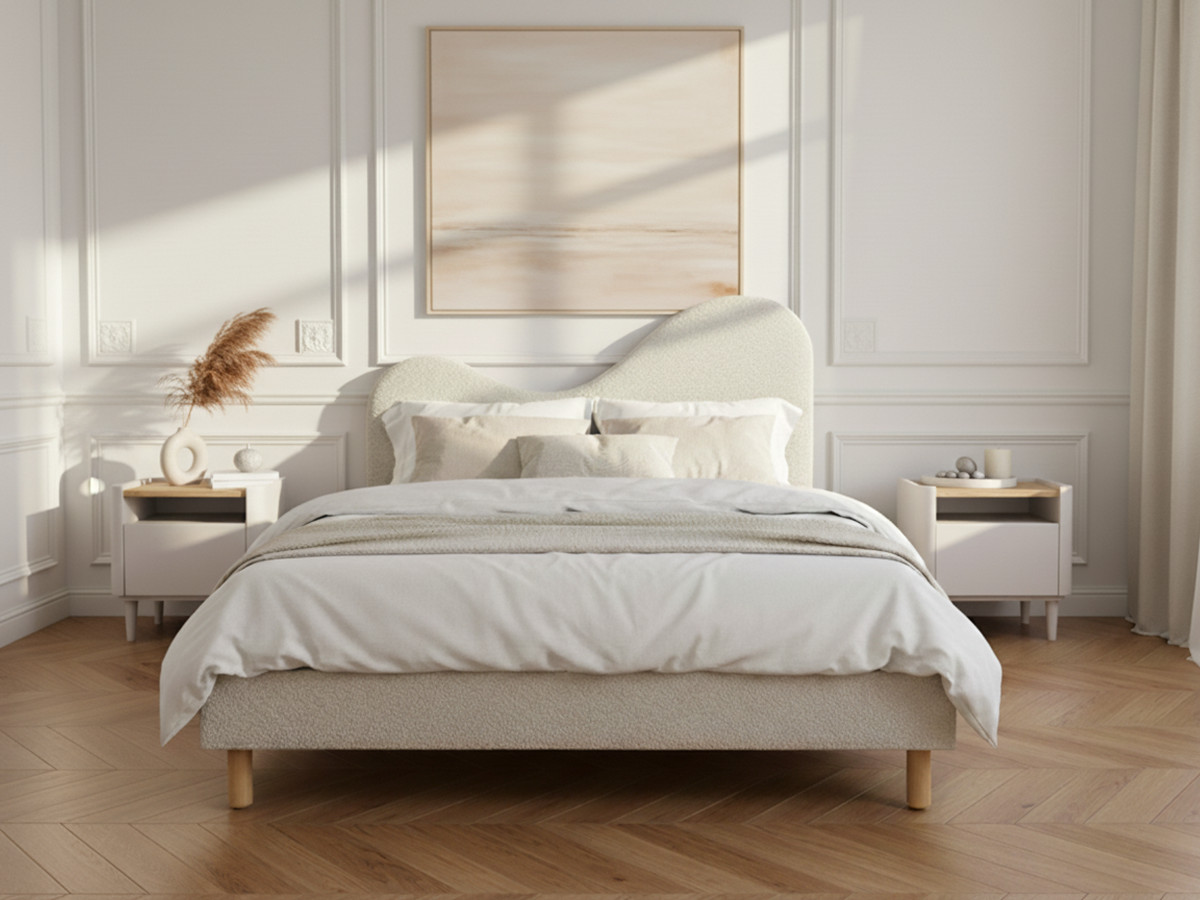 Lit CELINA tissu bouclette avec lattes massives