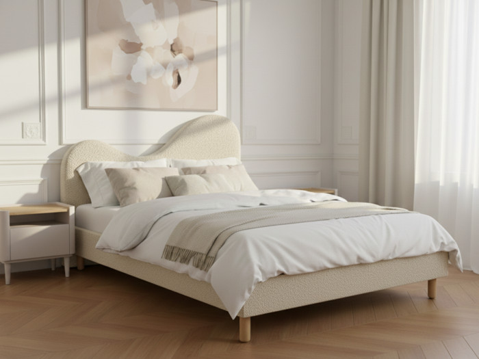 Lit CELINA tissu bouclette avec lattes massives