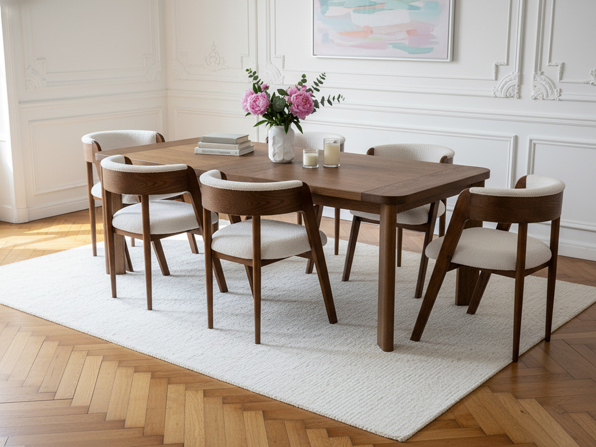 Ensemble LUMINY avec table à manger extensible 150 à 210 cm + chaises BASTIDE placage chêne massif