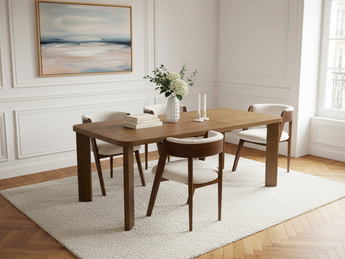 Ensemble LUMINY avec table à manger extensible 150 à 210 cm + chaises BASTIDE placage chêne massif