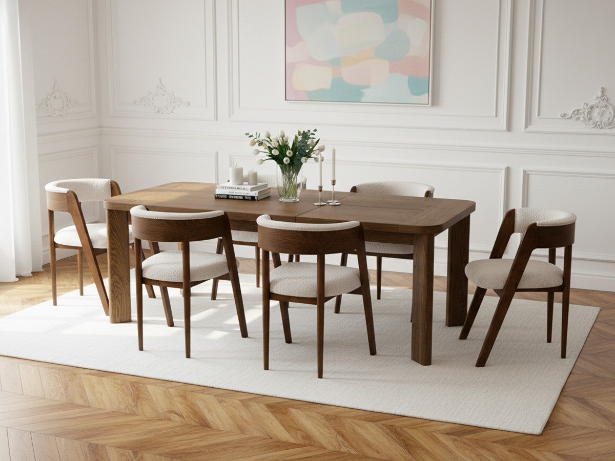 Ensemble LUMINY avec table à manger extensible 150 à 210 cm + chaises BASTIDE placage chêne massif