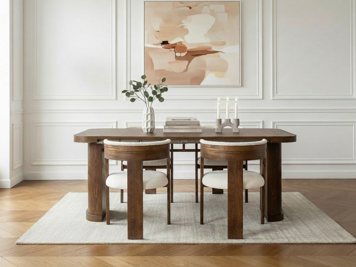 Ensemble avec console extensible 43 à 187 cm CASSIS + 4 chaises BORELY placage chêne massif et tissu bouclette