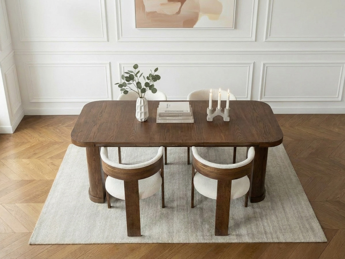 Ensemble avec console extensible 43 à 187 cm CASSIS + 4 chaises BORELY placage chêne massif et tissu bouclette