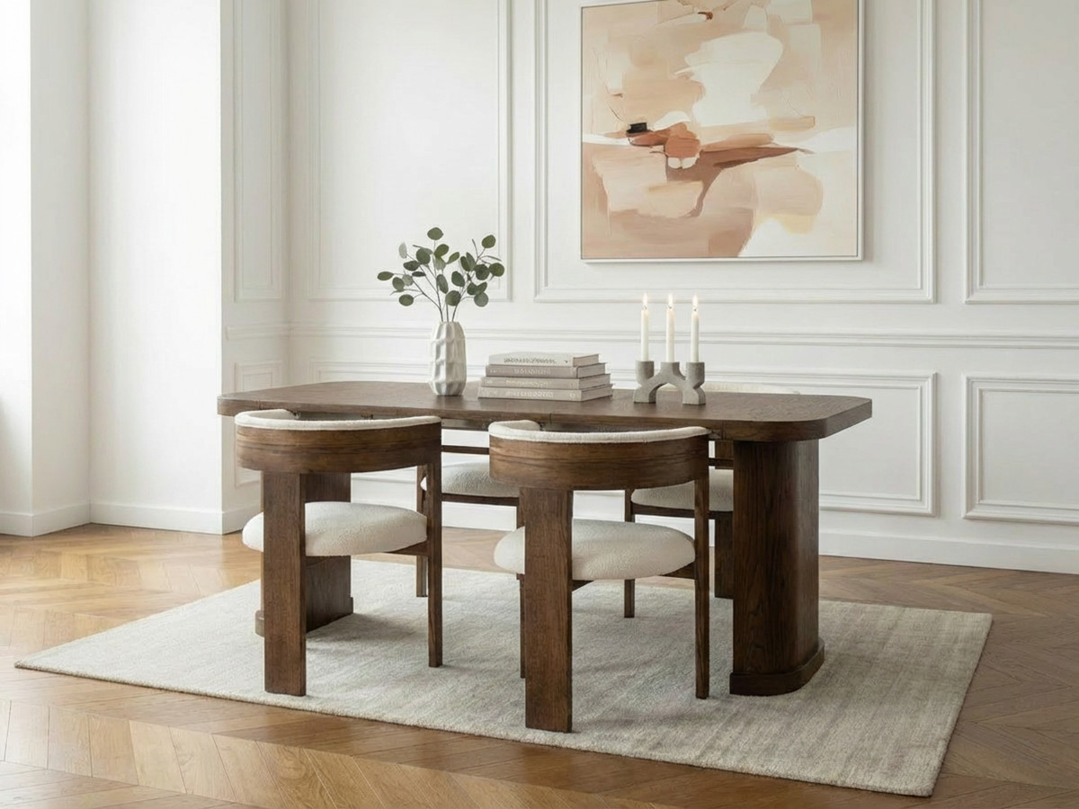 Ensemble avec console extensible 43 à 187 cm CASSIS + 4 chaises BORELY placage chêne massif et tissu bouclette