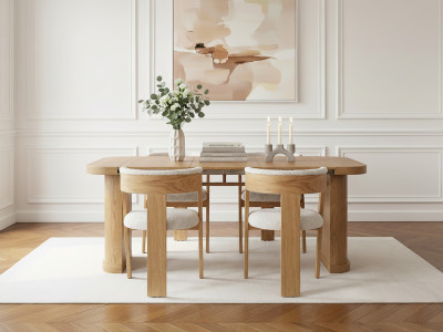 Ensemble avec console extensible 43 à 187 cm CASSIS + 4 chaises BORELY placage chêne massif et tissu bouclette
