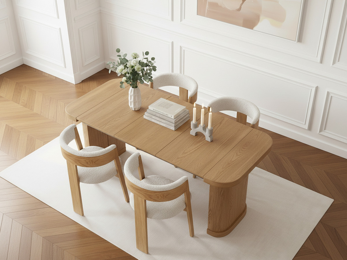 CASSIS uitschuifbare consoletafel (43-187 cm) + 4 BORELY stoelen van massief eikenfineer en boucléstof