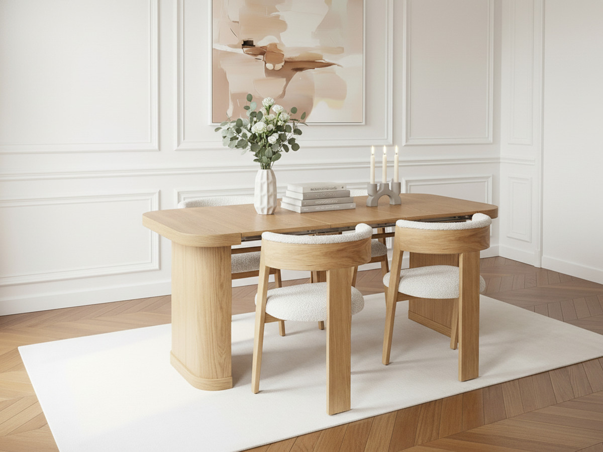 CASSIS uitschuifbare consoletafel (43-187 cm) + 4 BORELY stoelen van massief eikenfineer en boucléstof