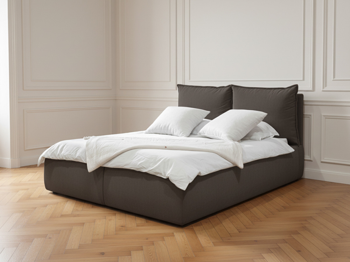 Lit coffre GARANCE avec tête de lit effet oreiller gris foncé — vue 4