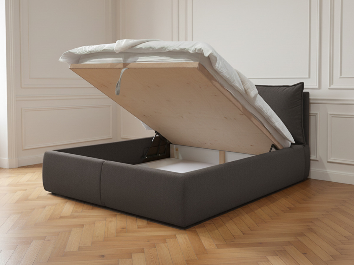 Lit coffre GARANCE avec tête de lit effet oreiller gris foncé — vue 5