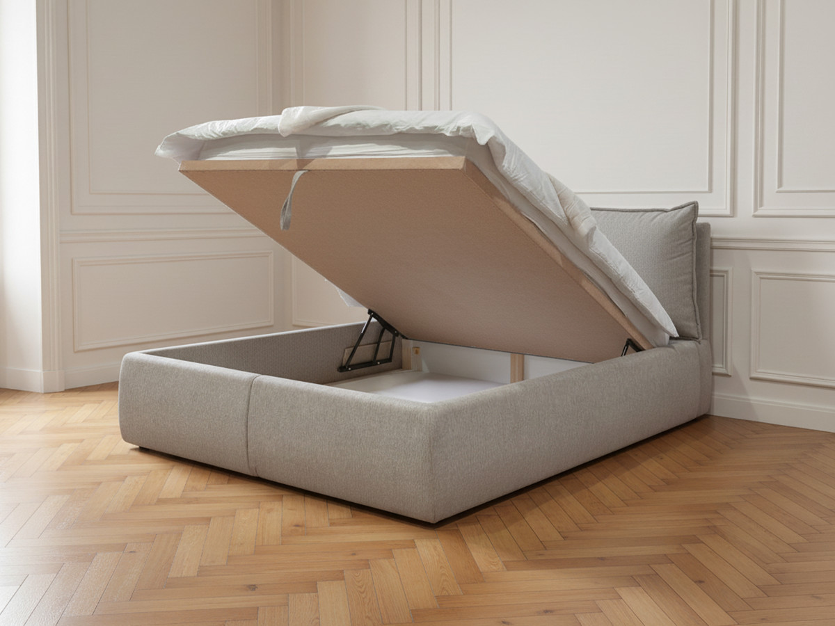 Lit coffre GARANCE avec tête de lit effet oreiller beige — vue 5