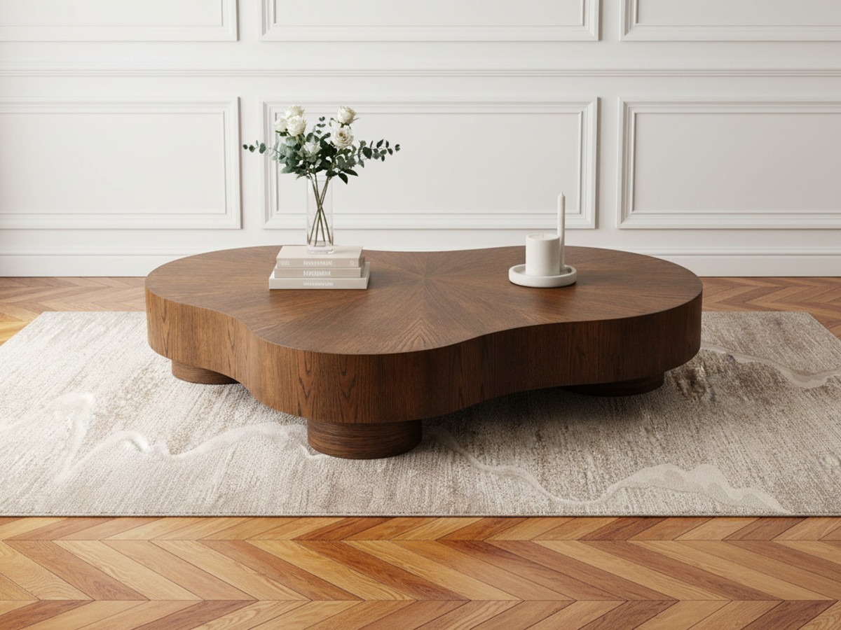 Table basse organique 138 cm CORBUSIER placage chêne massif marron foncé — vue 4