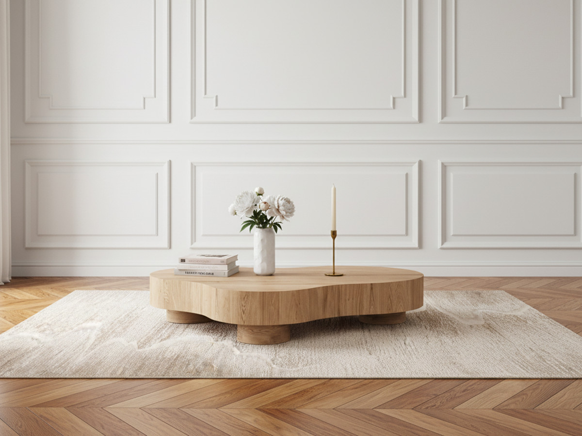 Table basse organique 138 cm CORBUSIER placage chêne massif marron clair — vue 4