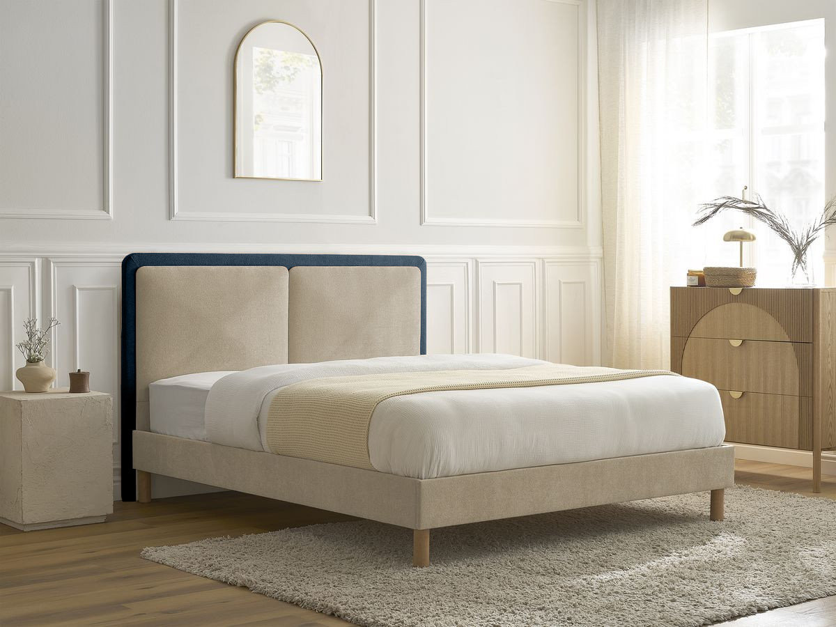 MARA bed in tweekleurige structuurstof met massieve lattenbodem