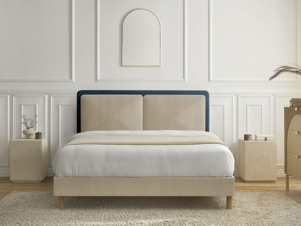 MARA bed in tweekleurige structuurstof met massieve lattenbodem