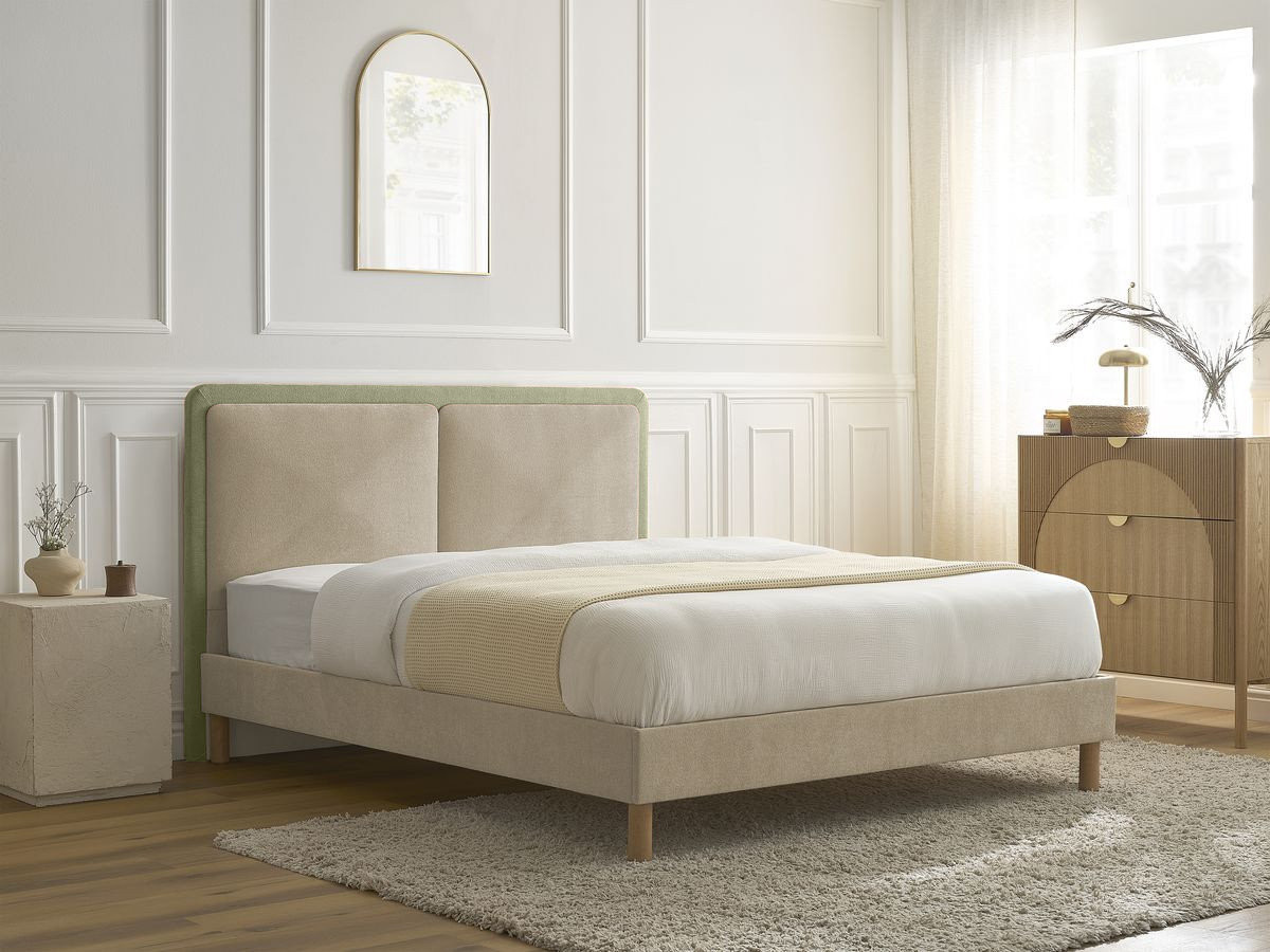 MARA bed in tweekleurige structuurstof met massieve lattenbodem