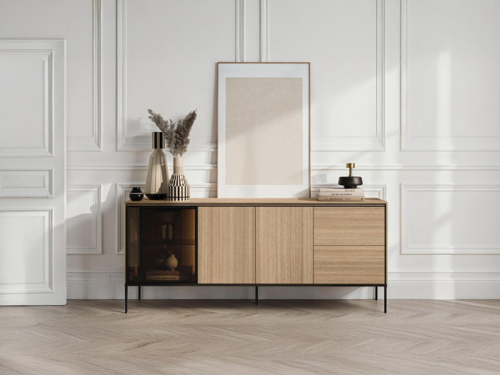 Buffet 3 portes 2 tiroirs 200 cm VERONA effet chêne et verre fumé avec LEDS