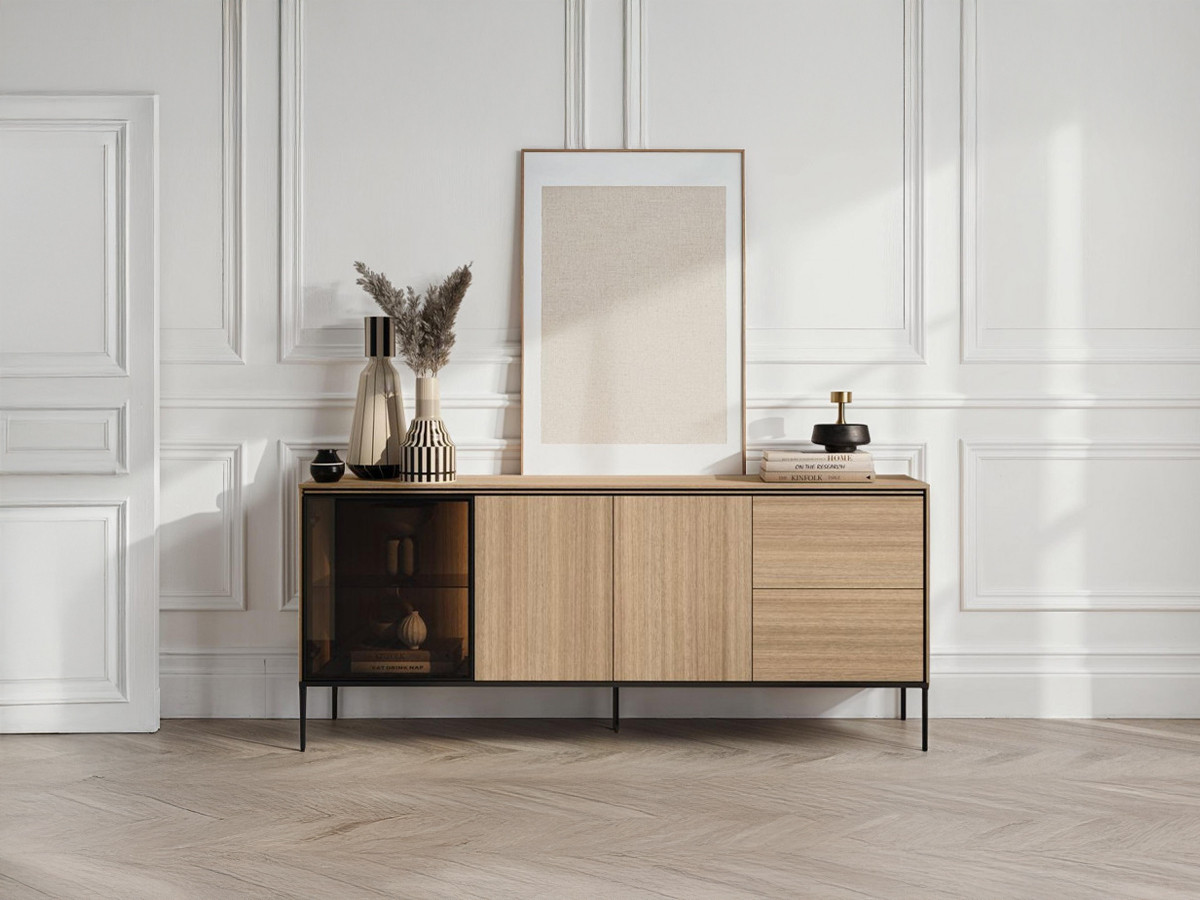 Buffet 3 portes 2 tiroirs 200 cm VERONA effet chêne et verre fumé avec LEDS