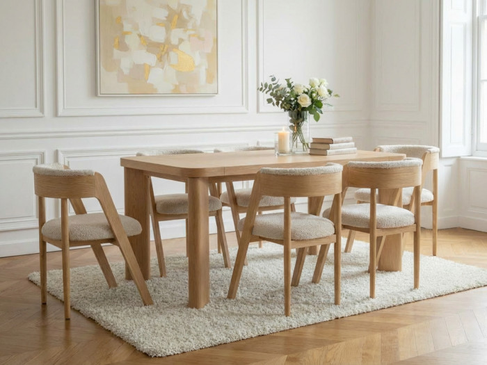 Ensemble LUMINY avec table à manger extensible 150 à 210 cm + chaises BASTIDE placage chêne massif