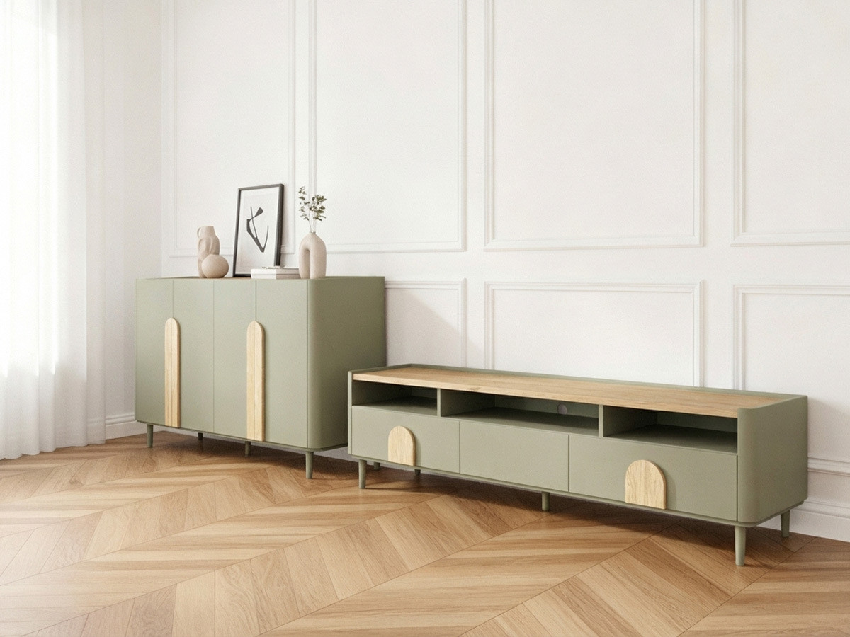 Ensemble ENYRA avec buffet 200 cm + meuble TV 2 tiroirs 200 cm pieds en bois massif vert — vue 5