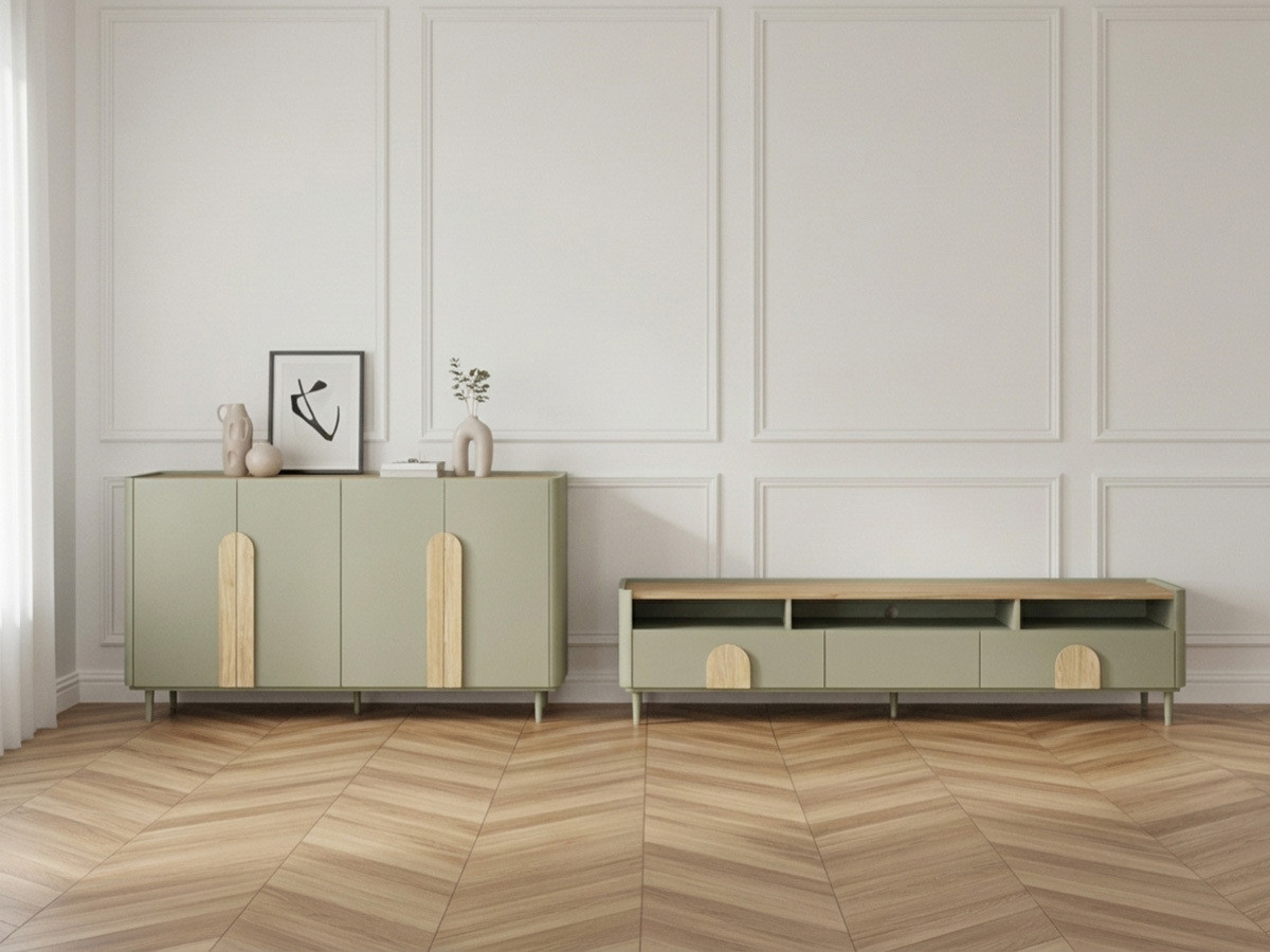 Ensemble ENYRA avec buffet 200 cm + meuble TV 2 tiroirs 200 cm pieds en bois massif vert — vue 4