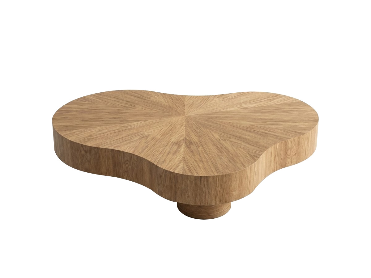 table basse organique 138 cm corbusier placage chêne massif de couleur marron clair