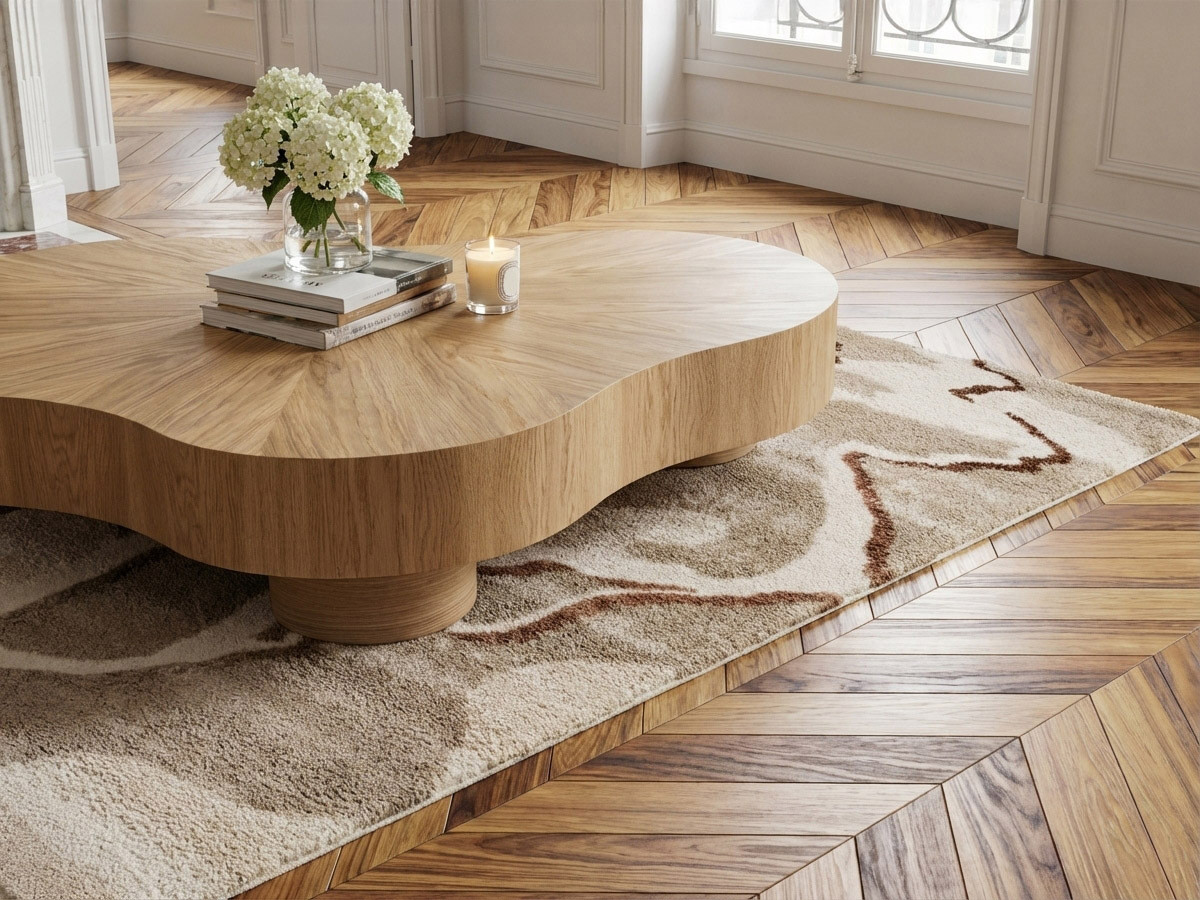 Table basse organique 138 cm CORBUSIER placage chêne massif marron clair — vue 5