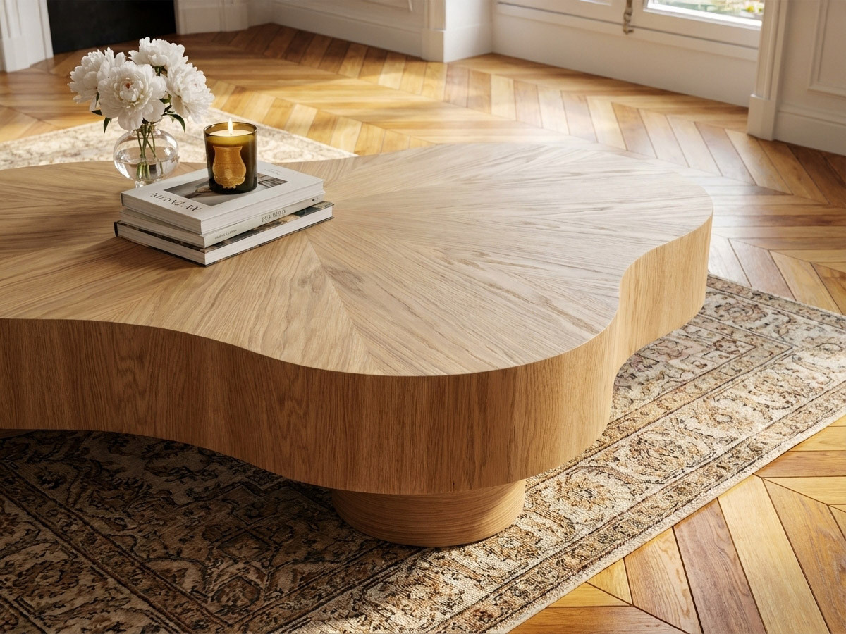 Table basse organique 138 cm CORBUSIER placage chêne massif marron clair — vue 6