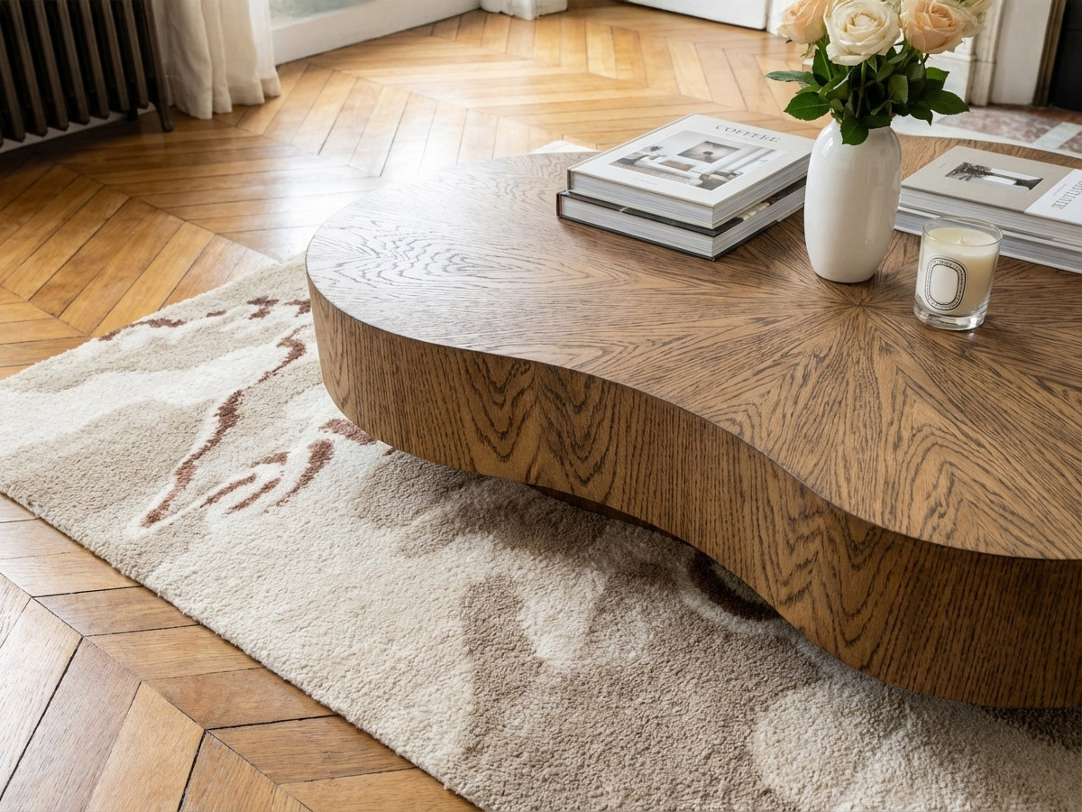 Table basse organique 138 cm CORBUSIER placage chêne massif marron foncé — vue 5