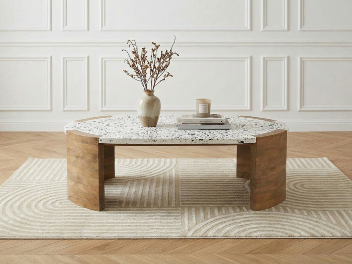 Table basse ovale 122 cm TORVI plateau terrazzo et pieds bois massif de manguier