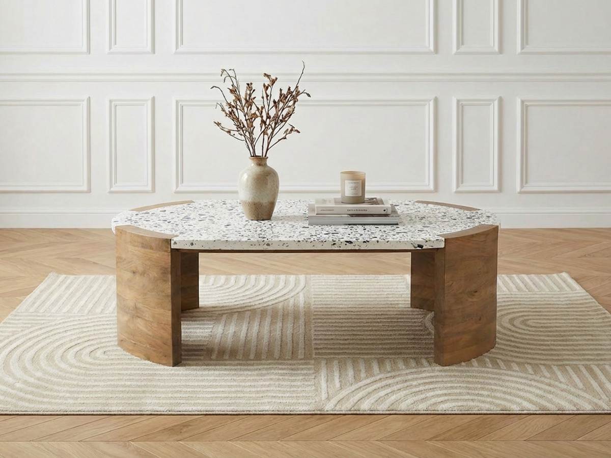 Table basse ovale 110 cm TORVI plateau terrazzo et pieds bois massif de manguier