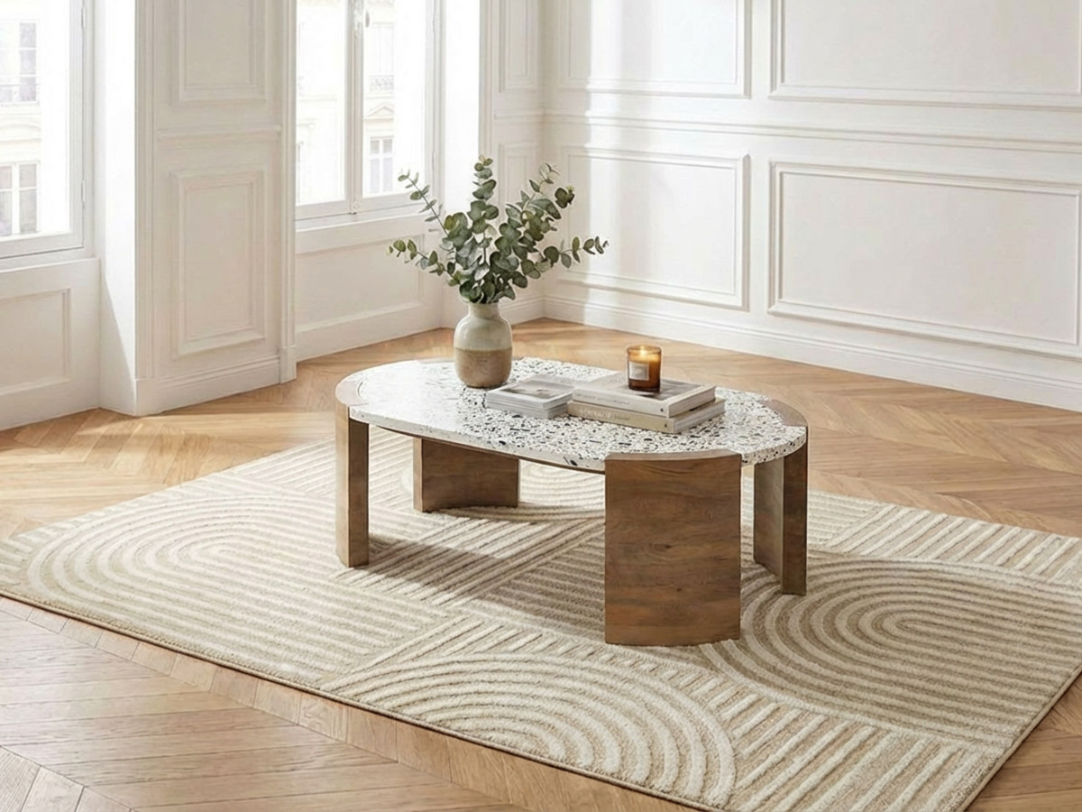 Table basse ovale 110 cm TORVI plateau terrazzo et pieds bois massif de manguier — vue 5