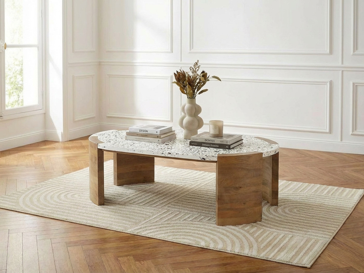 Table basse ovale 110 cm TORVI plateau terrazzo et pieds bois massif de manguier — vue 4