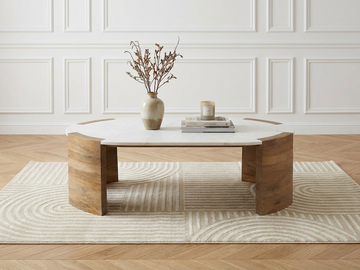 TORVI ovale salontafel, 122 cm, marmeren blad en massief acaciahouten poten