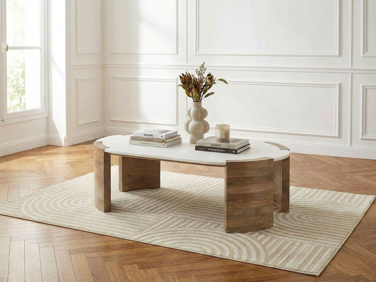 TORVI ovale salontafel, 122 cm, marmeren blad en massief acaciahouten poten